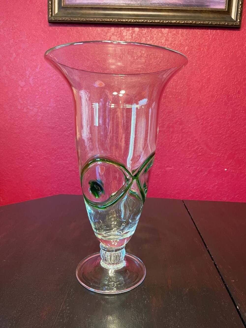 13.5" Tall Flared Glass Vase with Applied Green Swirl Detail